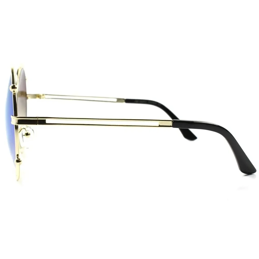 Upscale Gold Frame Green Mirror Lens Womens Designer Oversized Round Sunglasses